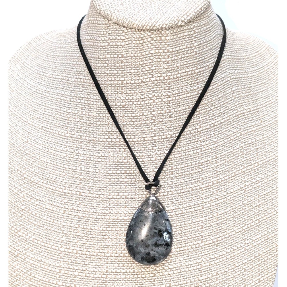 Janice Girardi Larvikite Teardrop Pendant Necklace Black Cord Silver Tone NWT